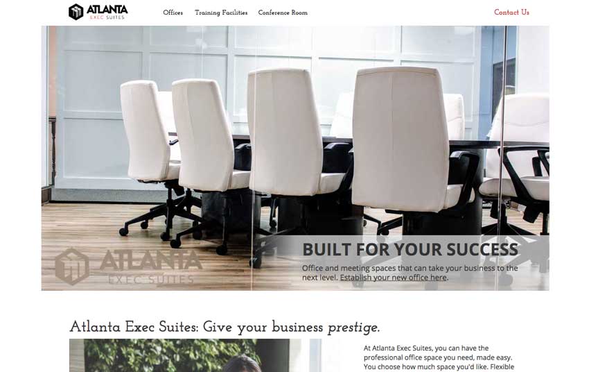 A screenshot of Atlanta Exec Suite's homepage with a large hero image of a conference room and their title Built for your success.