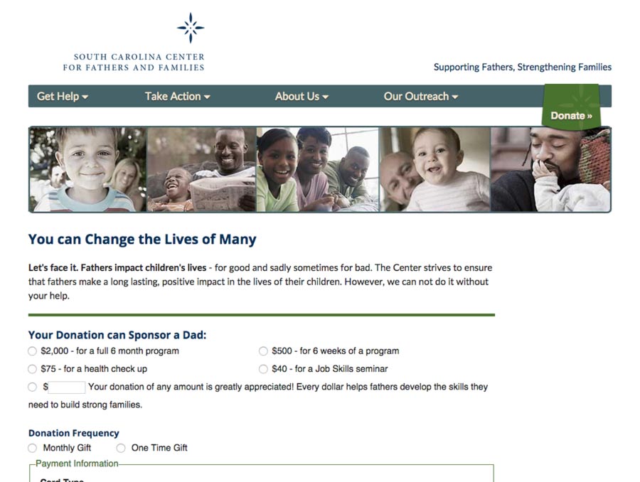 A screenshot of the Donate page of the Center for Fathers project
