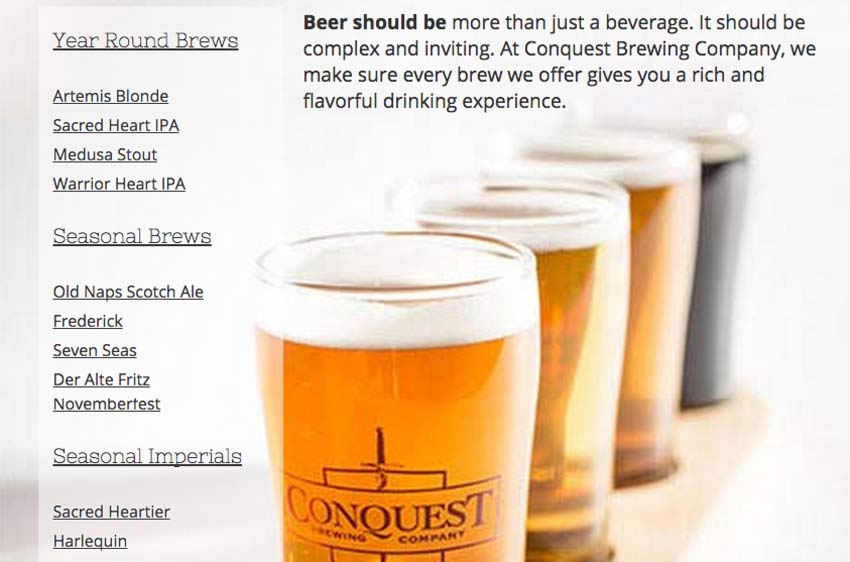 A screenshot of the Conquest Brewing home page
