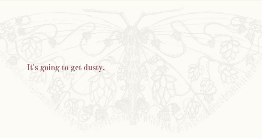 A screenshot of part of their placeholder page.  A transparent moth with wings spread wide with hops designs and the text 'It's going to get dusty'.