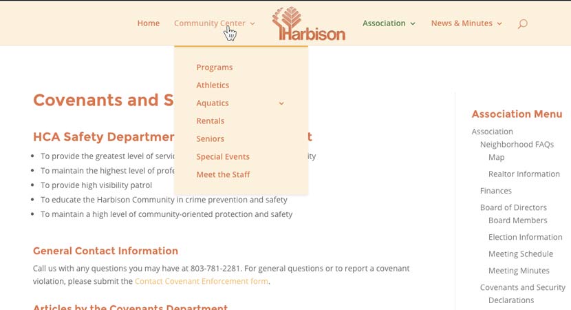 A screenshot of the Harbison Association page and submenu, with the dropdown for the Community events expanded