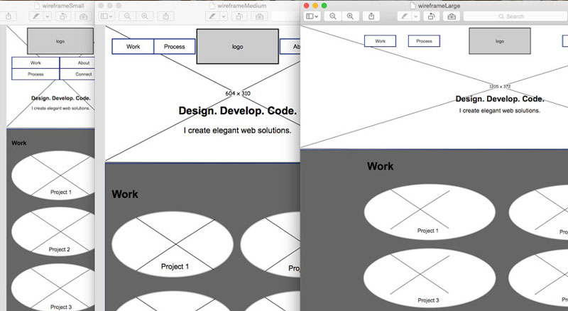 A screenshot of 3 sizes of wireframe for this project