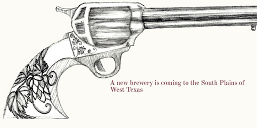 a closeup detail from Dusty Moth's teaser page with a revolver with hops worked into the grip and the words, 'A new brewery is coming to the South Plains of West Texas